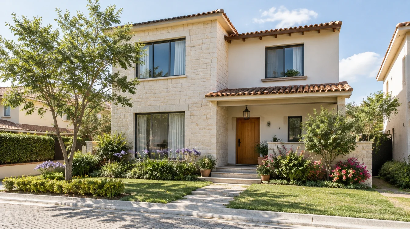 Fachada de una vivienda con jardín; imagen ilustrativa generada con IA