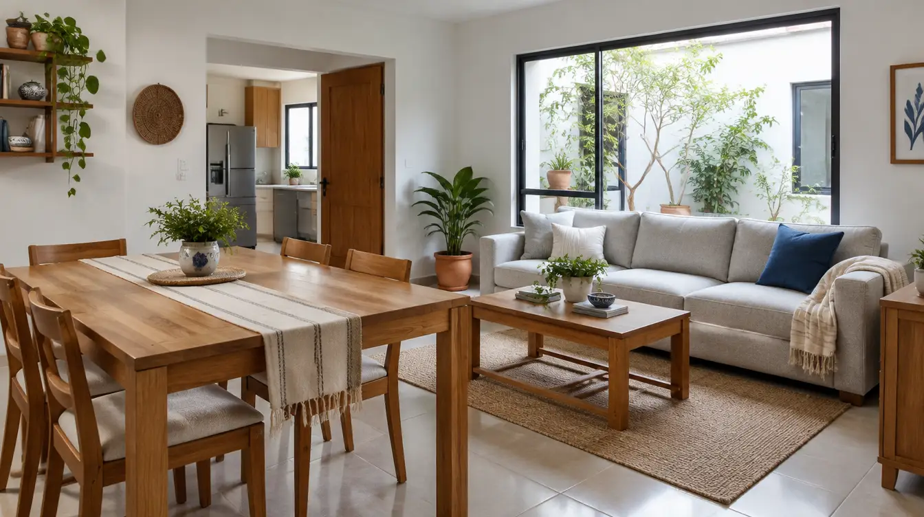 Ilustración de sala y comedor de una vivienda ficticia generada con IA
