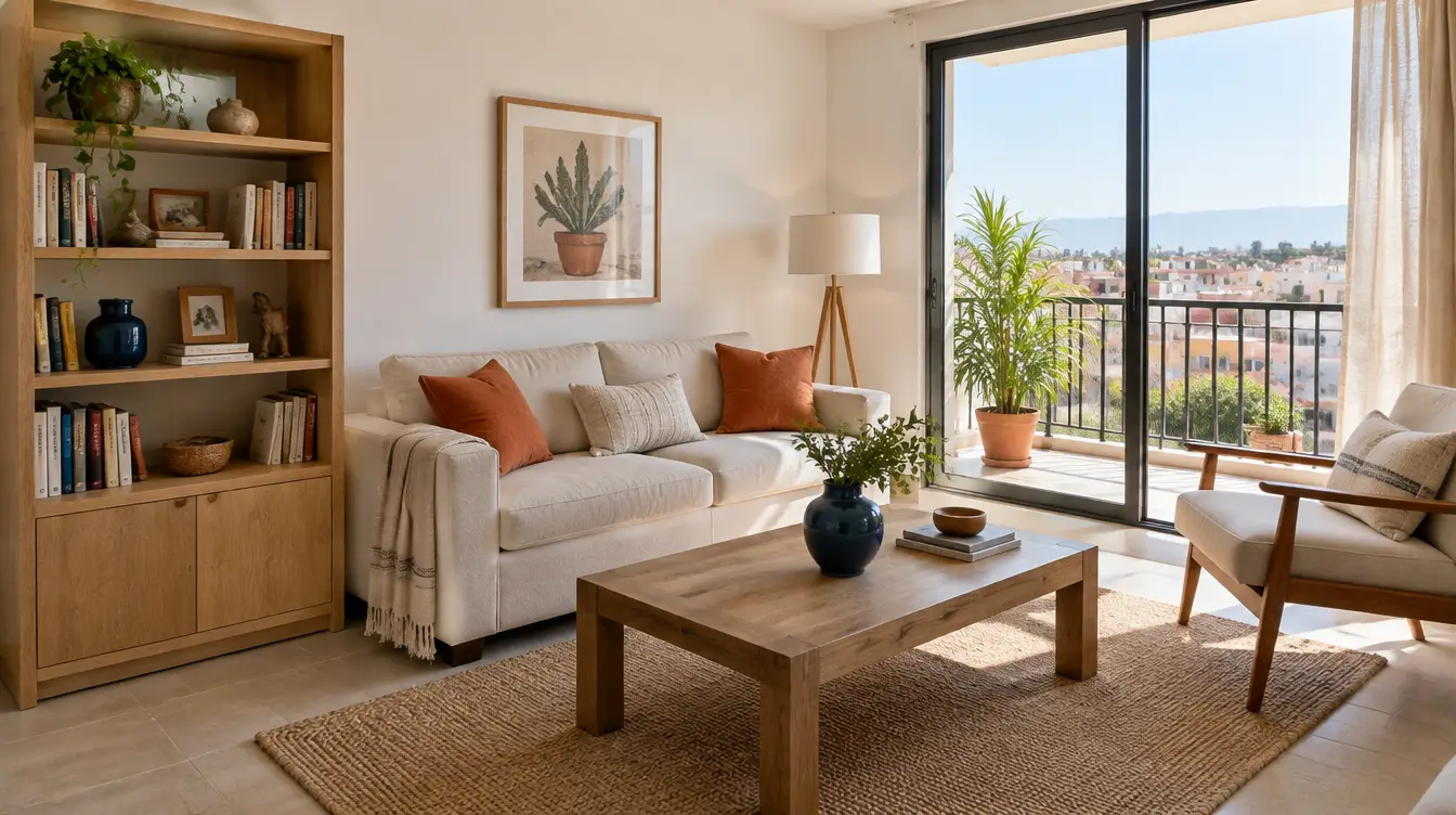 Sala con sofá y acceso a balcón; imagen ilustrativa generada con IA, sin inmueble disponible