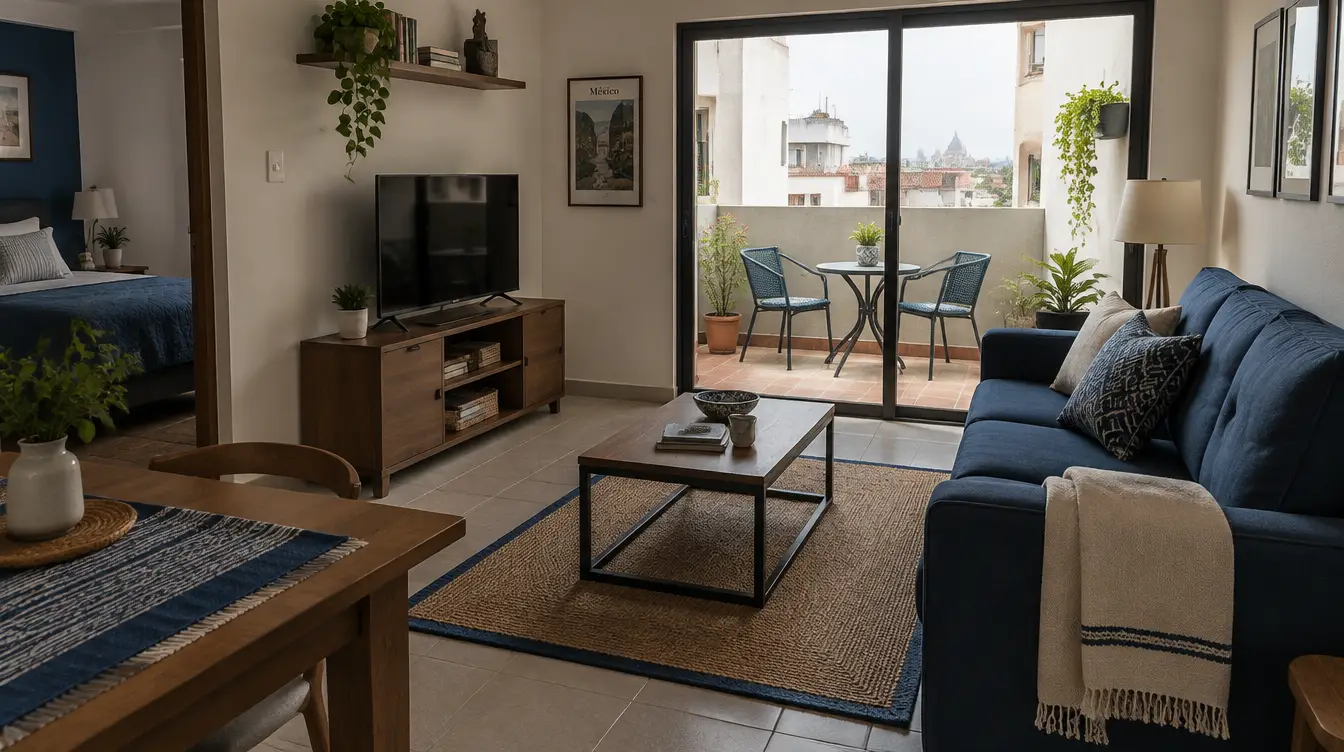 Sala con sofá azul y acceso a balcón; imagen ilustrativa generada con IA, sin inmueble disponible